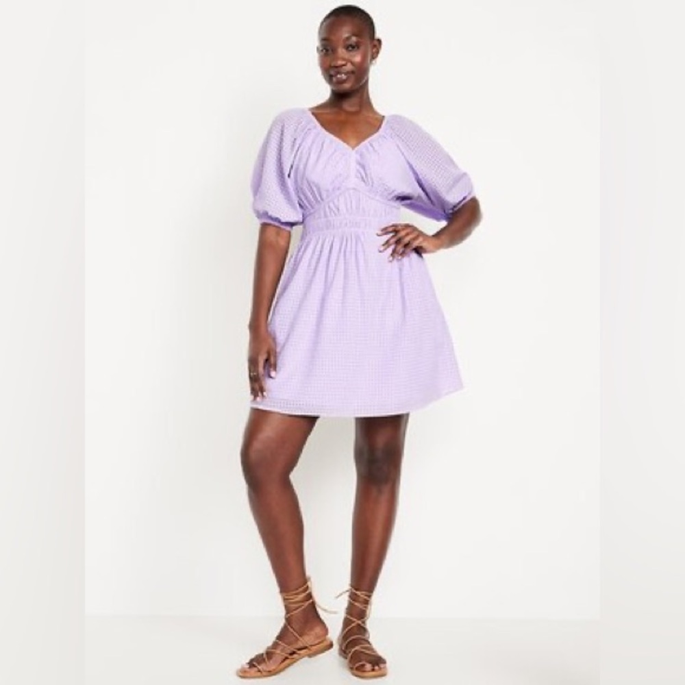 Old Navy Waist-Defined Puff-Sleeve Seersucker Mini Dress in Lavender